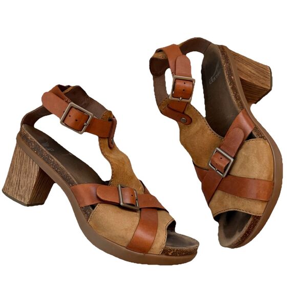 Dansko Dominique T-Strap Leather Heels Womens 39 Brown Strappy Sandals Wood Heel - Picture 1 of 10